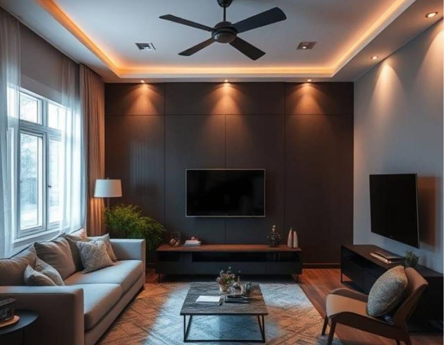 Modern living room with recessed lighting, LED ceiling strip lights, and ceiling fan, highlighting professional residential lighting installation and ambient mood lighting design.
