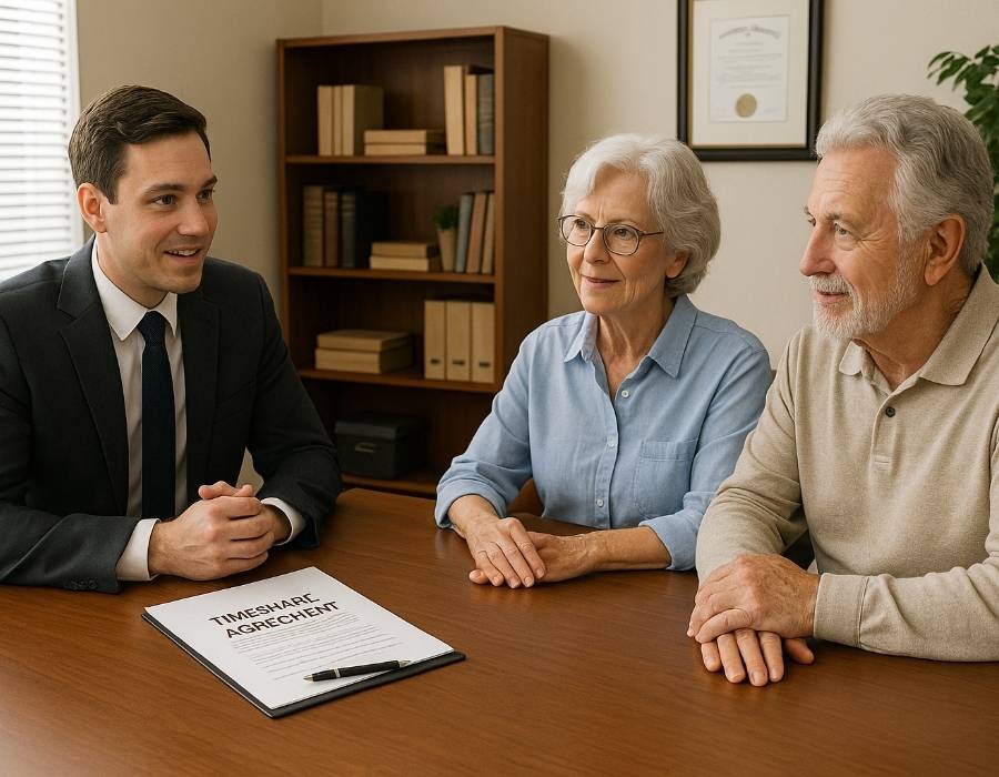 Elderly couple meeting with an attorney to discuss timeshare agreement and cancellation options