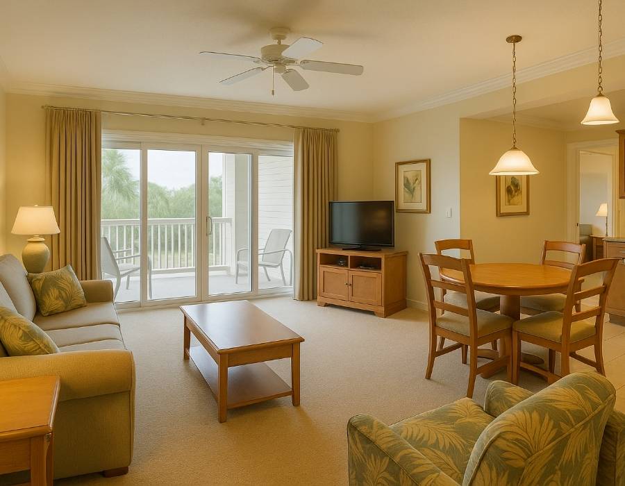 Interior of a South Carolina timeshare unit with living room, dining area, and balcony view